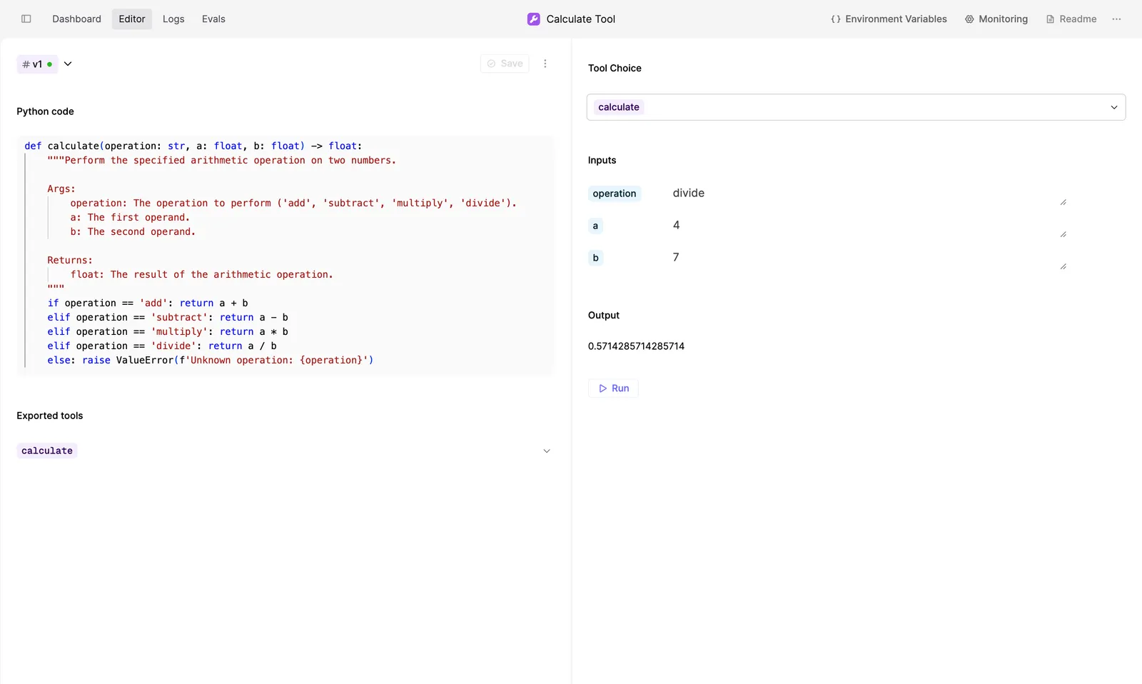 Editor for a Python Tool showing a `calculate` function and a calculation output.